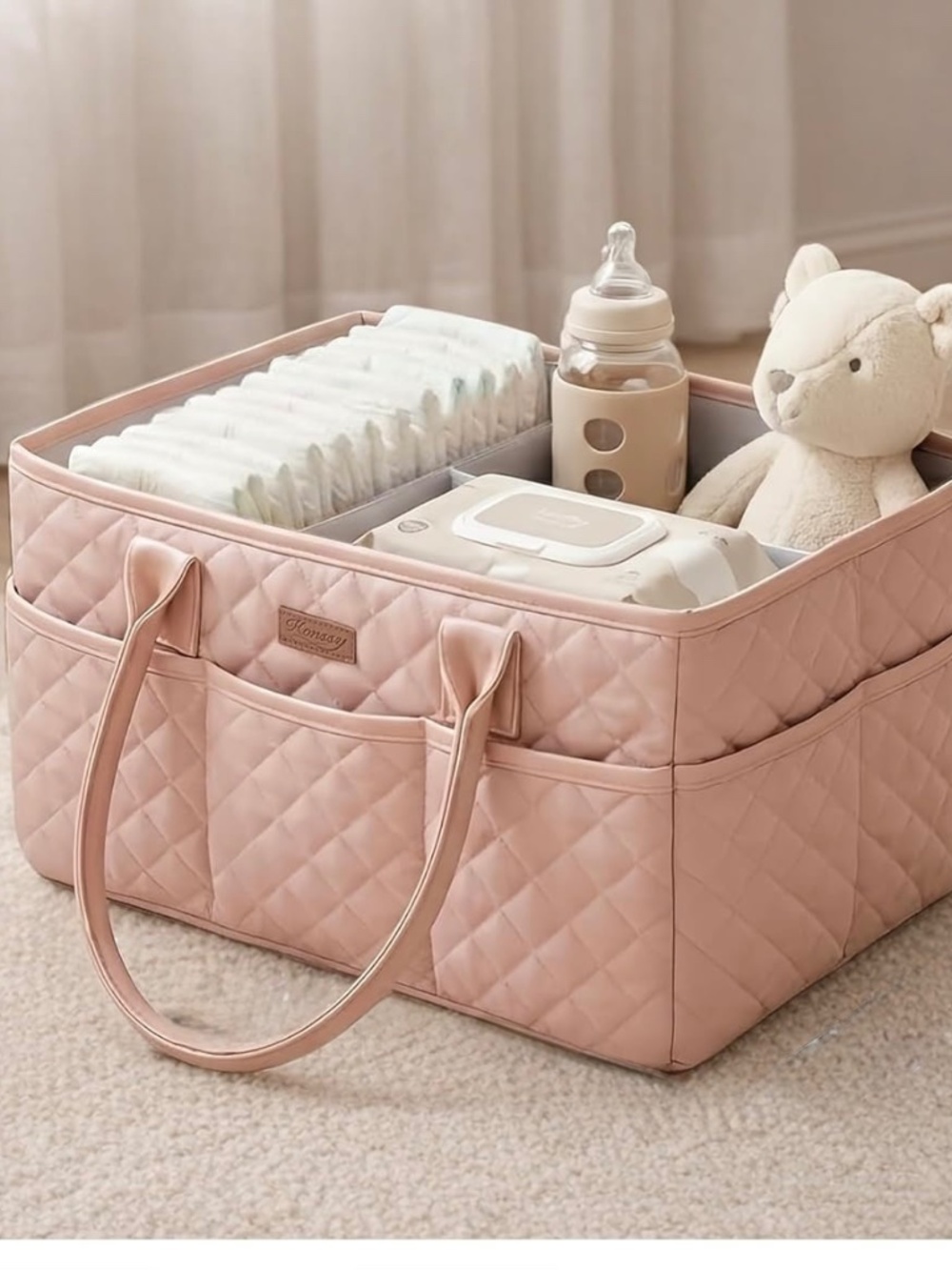 Pink Quilted Diaper Caddy Organizer, Diaper Bag Vegan Leather